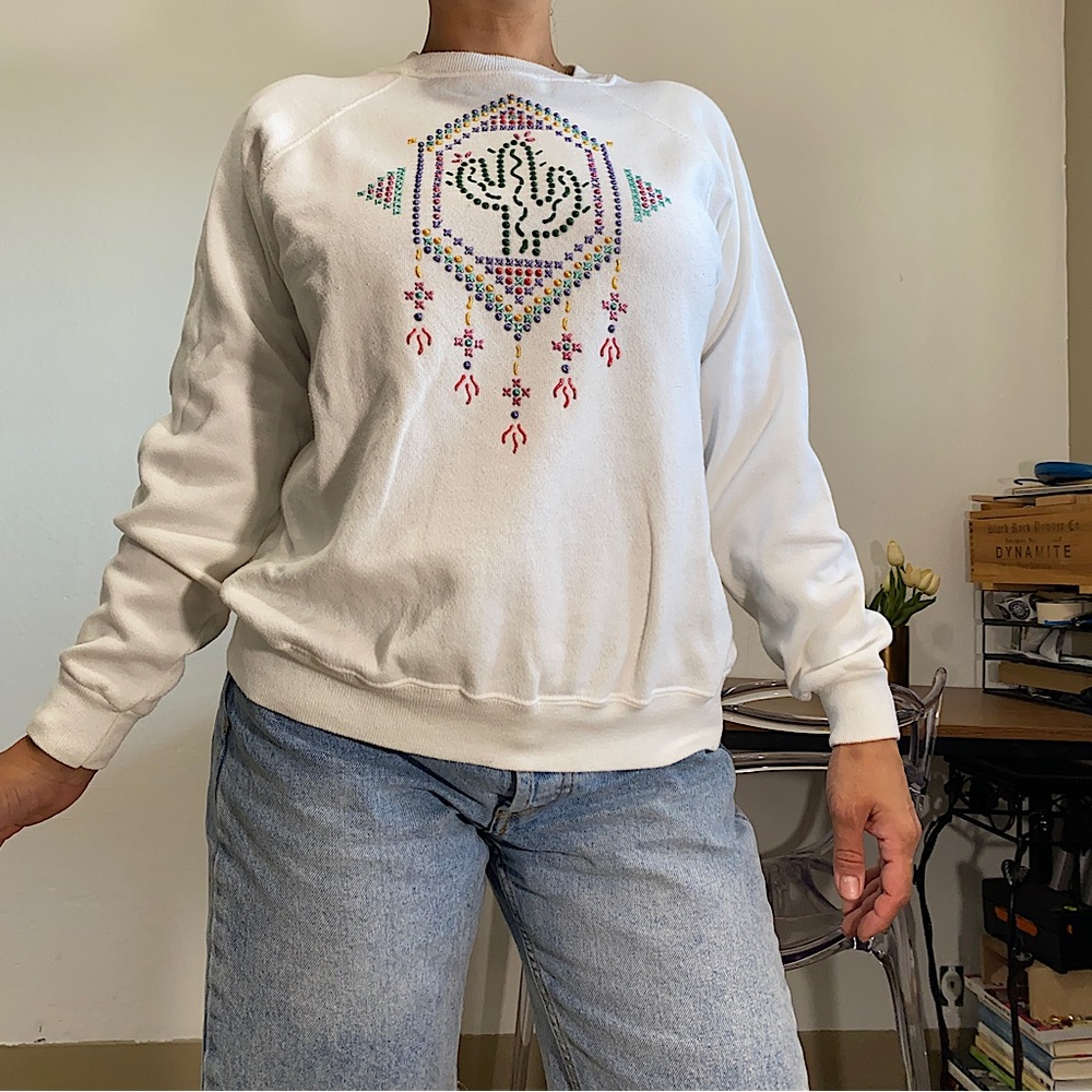 Hanes Her Way Vintage M Boho Art Cactus Print Sweatshirt Pullover